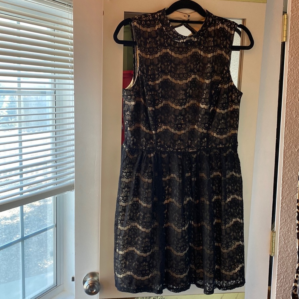 Black Lace over Tan Dress